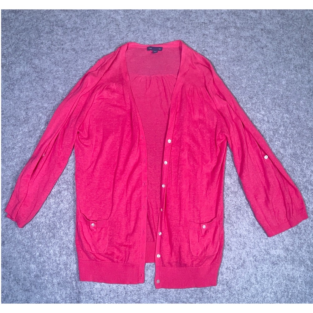 Gap Womens XL Coral Pink Button Front Cardigan Roll Tab Sleeve Pockets Sweater